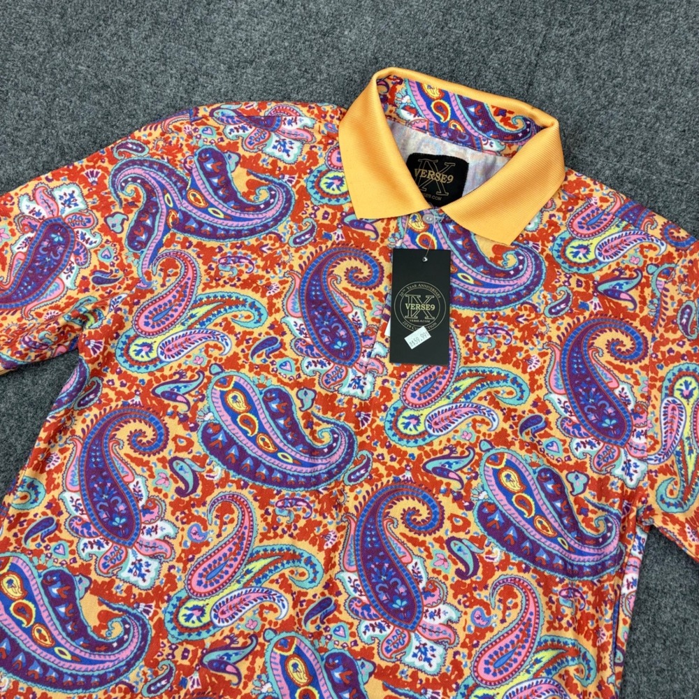 Verse 9 Mens XL Paisley Polo Shirt Orange Blue 20th Anniversary NWT NEW 2019